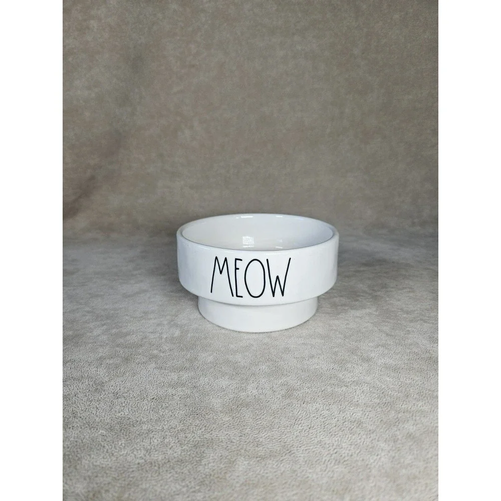 Rae Dunn MEOW White Ceramic Raised Cat Bowl Dish, Single Bowl, Raised Bowl